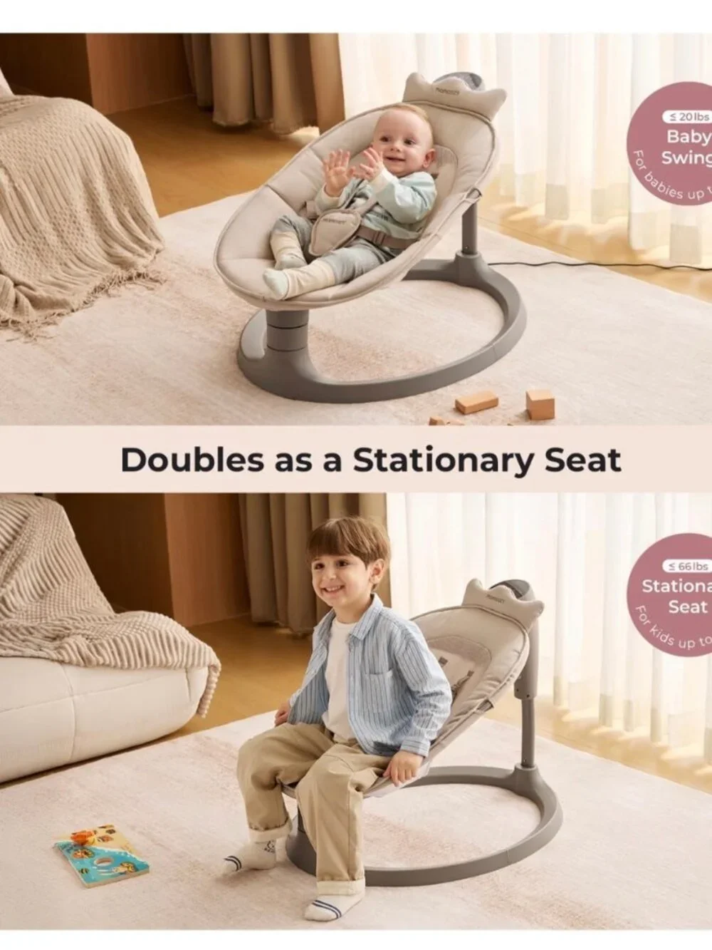 Momcozy 2-in-1 Electric Baby Swing & Toddler Seat, Adjustable Height, Khaki, New
